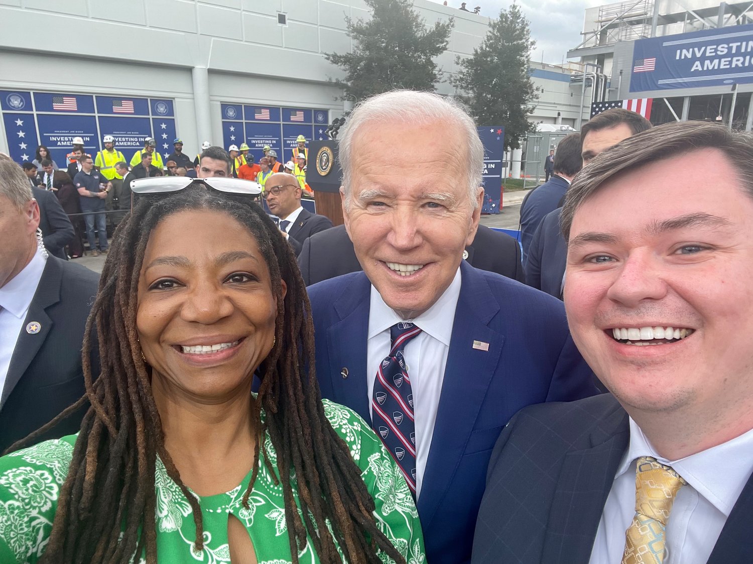 Siler City Manager Hank Raper (right) and Chatham County Commissioner Karen Howard pose for a selfie with U.S. President Joe Biden.